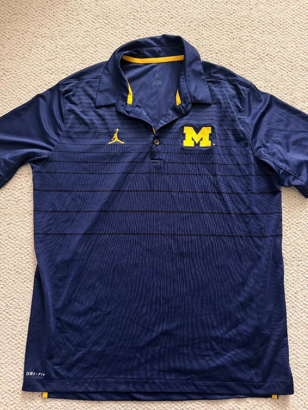 Nike Jordan Michigan Wolverines Dri-FIT Polo Shirt Mens L Navy Striped Jumpman